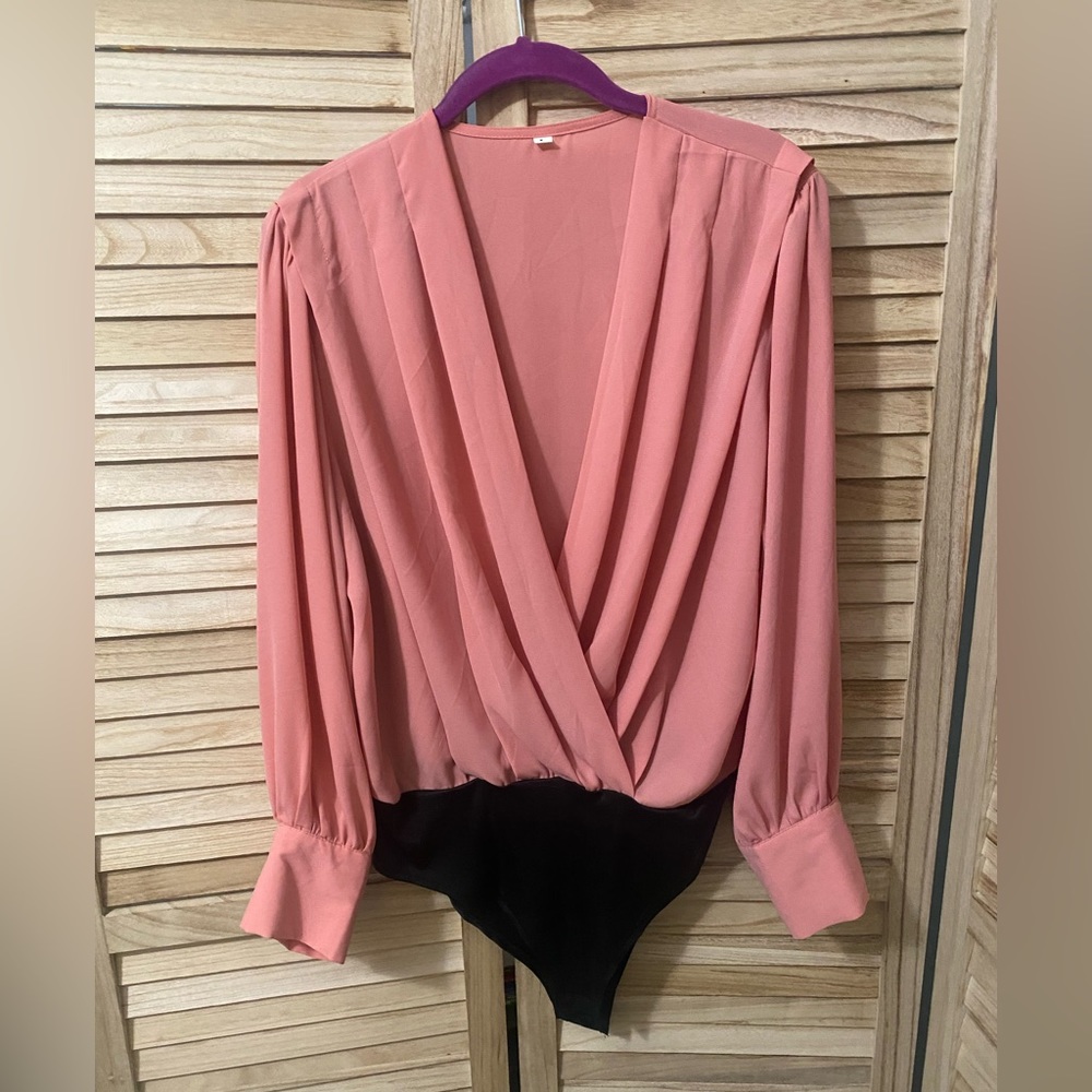 Deep plunge drape front work shirt ; long sleeve work blouse bodysuit,size large